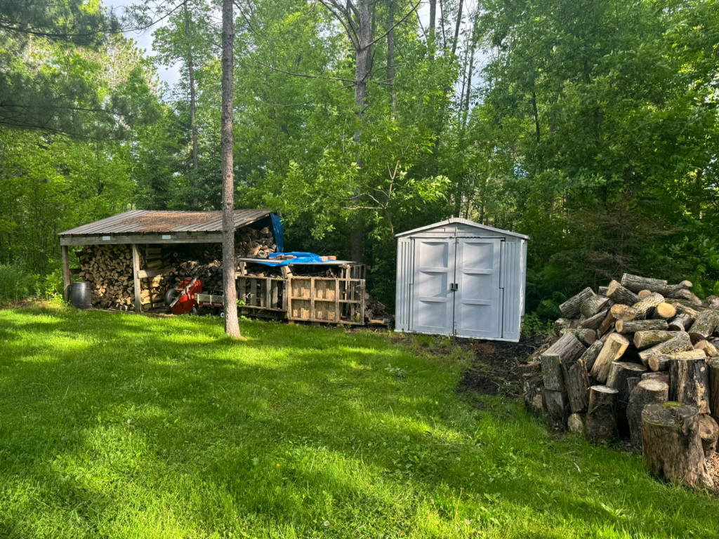 A grassy backyard area with a woodpile, an open wood shed storing stacked firewood and equipment, and a small white metal storage shed, all surrounded by tall green trees.